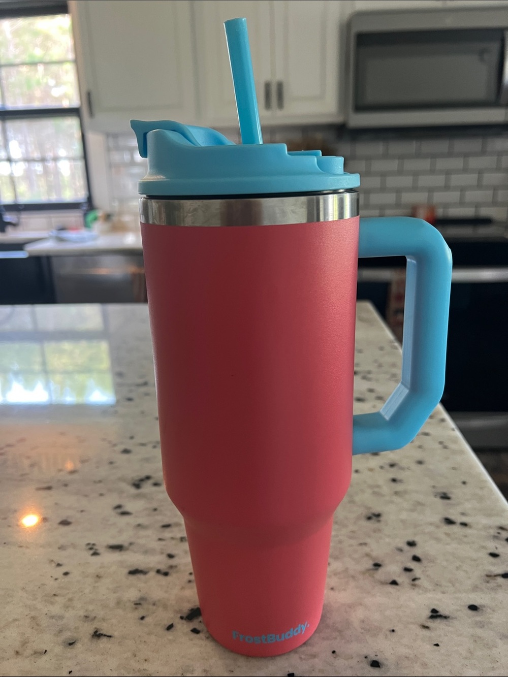 FrostBuddy Coral and Sky Blue Insulated Travel Mug with Handle 40oz